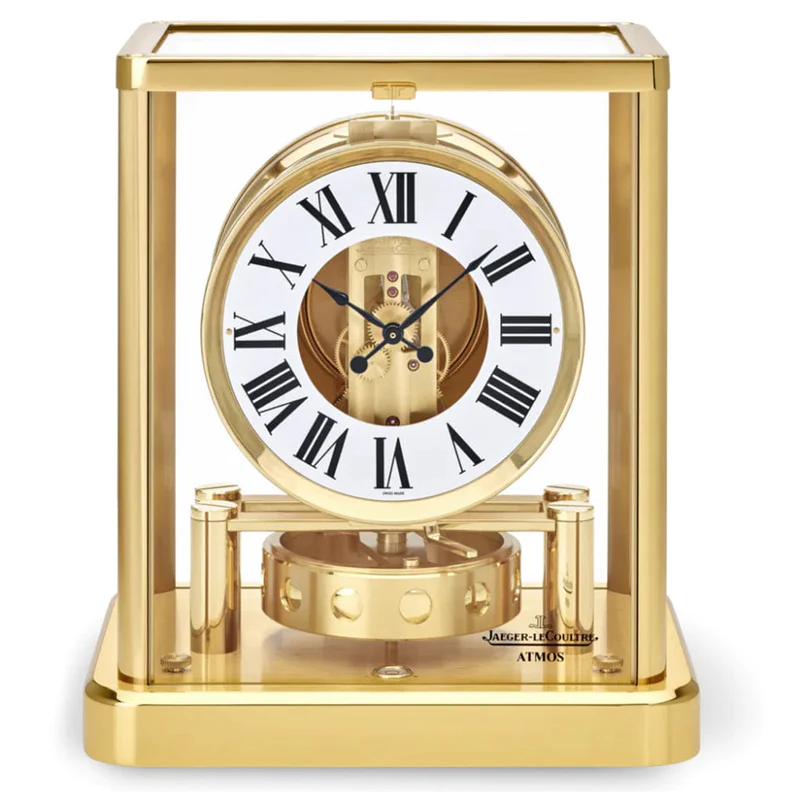 Front view of a gold Atmos clock