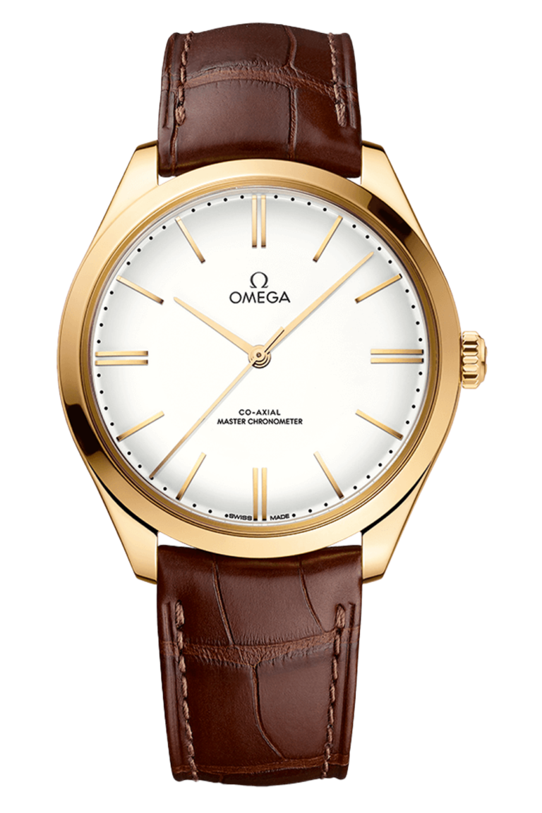Gold Omega watch with white face and brown leather strap